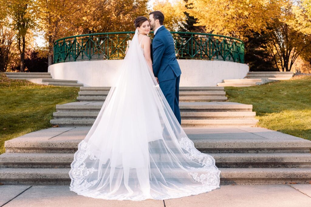 Bride and groom portrait at Baker Park in the fall