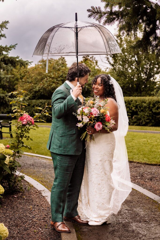 Bride and groom posing under an umbrella